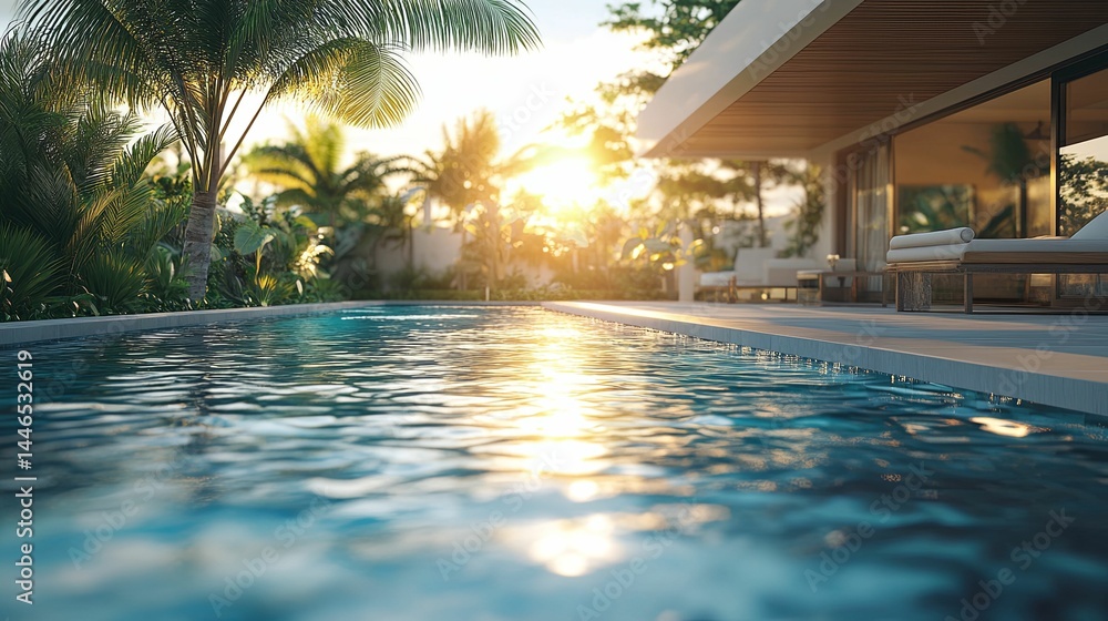 Tropical sunset view of a modern house pool area. Tropical sunset view of a modern house pool area.