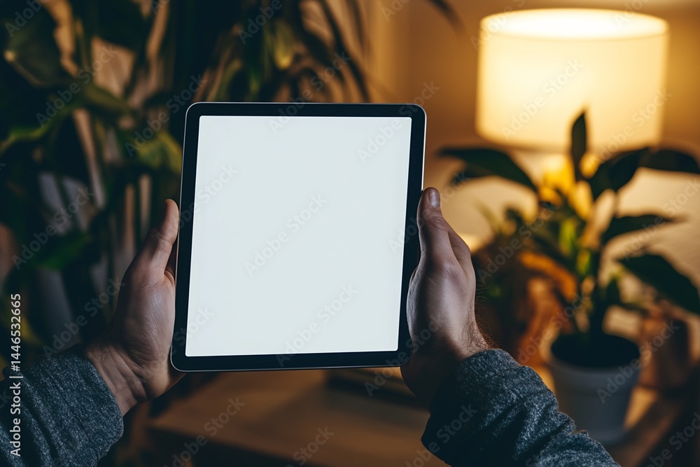 Person Holding Tablet with Blank Screen in Dimly Lit Room