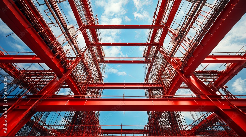 Obraz premium Red metal framework structure against a blue sky.