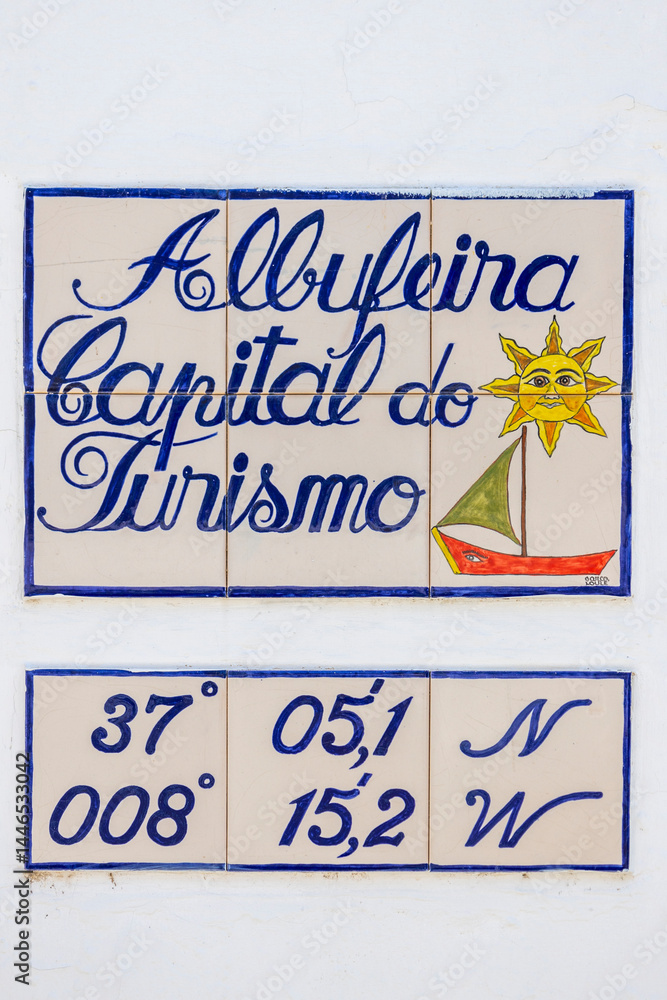 Fototapeta premium Azulejo sign with coordinates in Albufeira