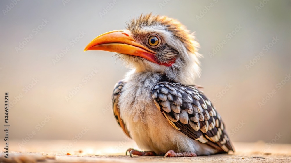 A juvenile bird with striking plumage, a vibrant beak, and captivating eyes rests peacefully on a surface A juvenile bird with striking plumage, a vibrant beak, and captivating eyes rests peacefully on a surface