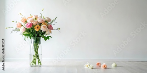 A vibrant bouquet of pastel roses and other blossoms arranged in a tall clear glass vase, resting on a light wooden floor against a minimalist white wall