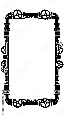 Steampunk Frame: A black and white steampunk-inspired frame, intricately designed with gears, valves, and pipes. The image showcases a blend of Victorian-era aesthetics and mechanical elements.