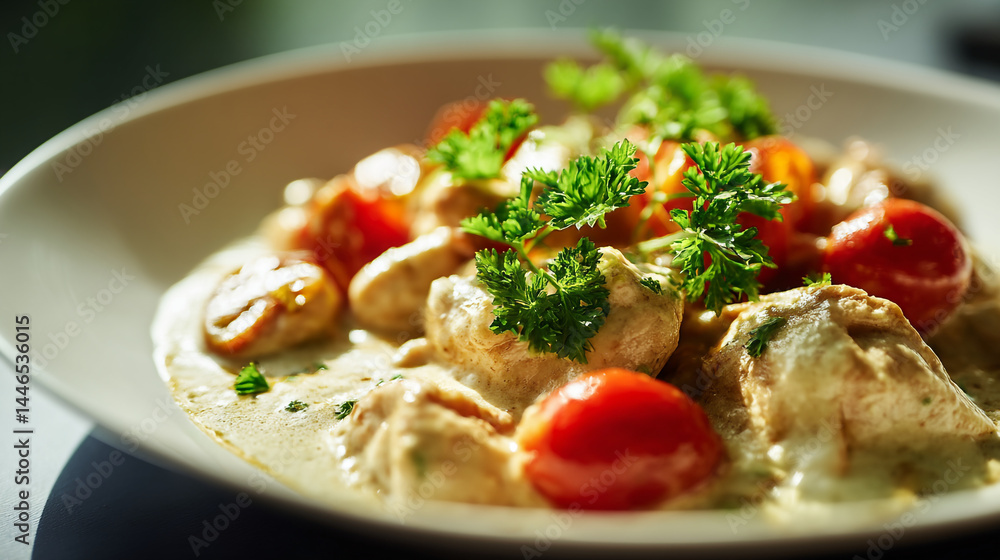 Delicious creamy chicken dish with tomatoes and parsley garnish tasty food photography restaurant menu image red Delicious creamy chicken dish with tomatoes and parsley garnish tasty food photography restaurant menu image red