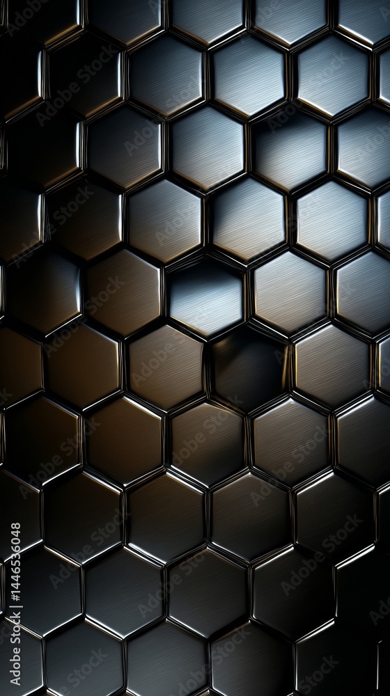 A smartphone wallpaper An eye-catching abstract pattern featuring a repeating design of shiny, metallic hexagons. A smartphone wallpaper An eye-catching abstract pattern featuring a repeating design of shiny, metallic hexagons.