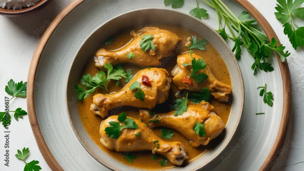 Chicken Curry: A Dish with Coconut Milk and Spices. Isolated on a White Background. Chicken Curry: A Dish with Coconut Milk and Spices. Isolated on a White Background.