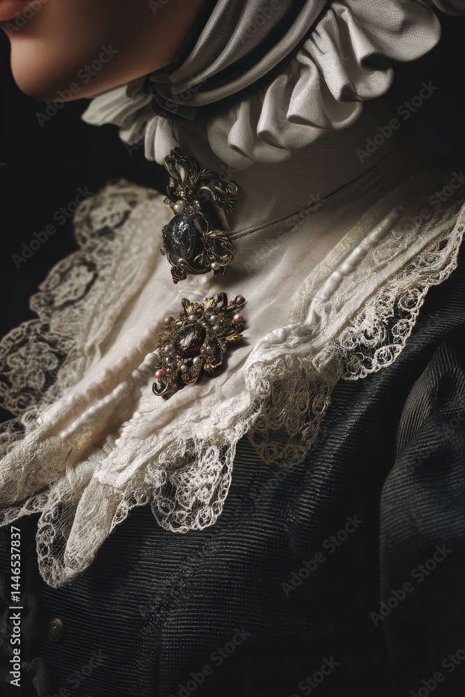 Obraz premium An elegant detail shot highlights vintage lace and intricate, ornate jewelry, with dramatic lighting.