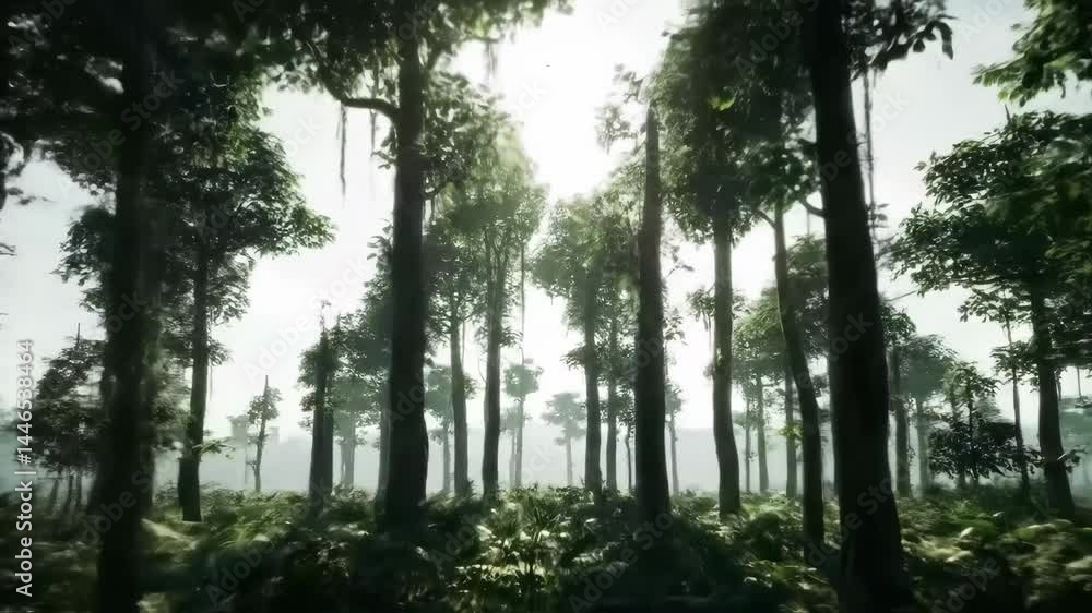 Lush forest landscape with tall trees and ferns under bright sunlight, creating a serene atmosphere Lush forest landscape with tall trees and ferns under bright sunlight, creating a serene atmosphere