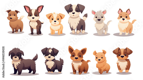 Set of adorable cartoon dog characters and paw prints for pet-themed designs