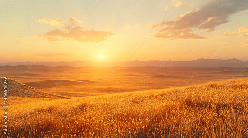 Golden field at sunset with mountains in the distance and clouds in the orange sky above it all Golden field at sunset with mountains in the distance and clouds in the orange sky above it all