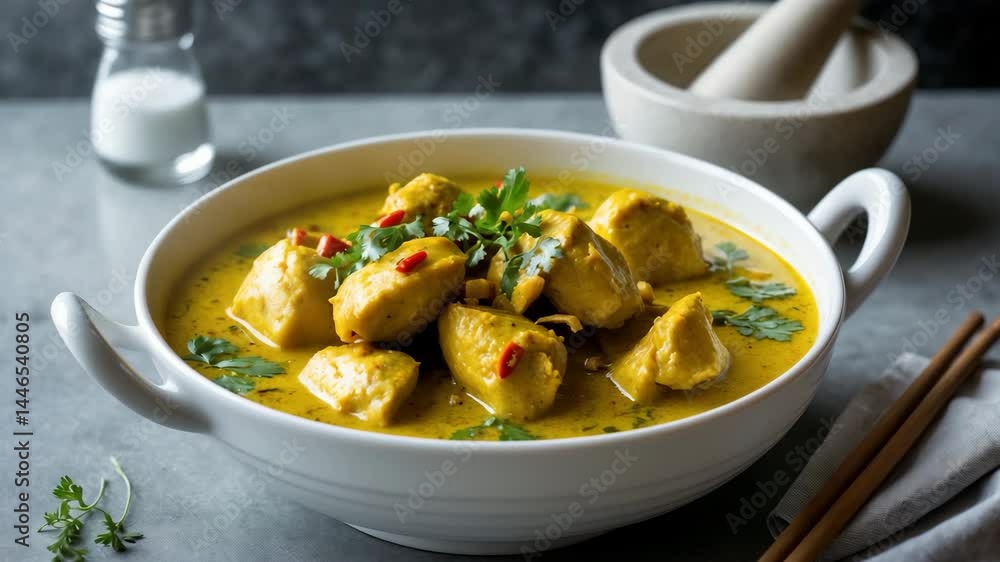 Chicken cooked in coconut milk and seasoned with spices. Chicken cooked in coconut milk and seasoned with spices.