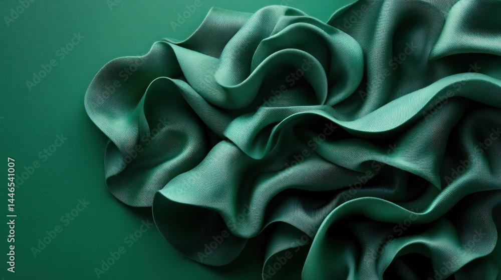 Obraz premium Intricate folds of emerald green silk fabric against a deep green backdrop.