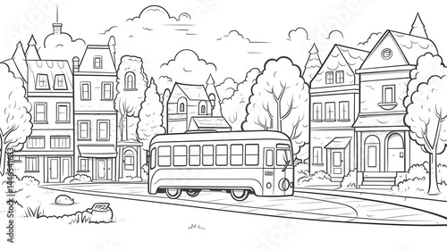 Wallpaper Mural Simple and Fun Coloring Page for Children Featuring Houses, Trees, and Mountains Torontodigital.ca