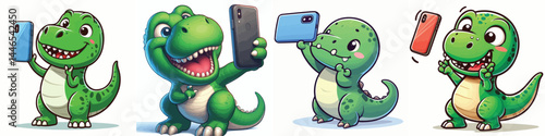Cute Cartoon Dinosaurs Using Mobile Devices Vector Set