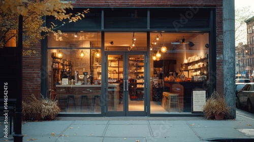 Charming store facade in city, offering a warm ambiance and inviting atmosphere