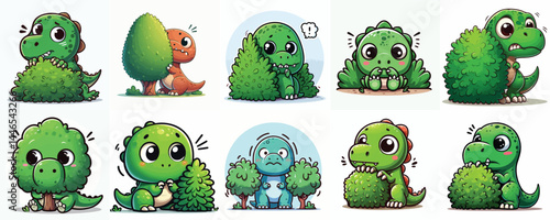 Cute Cartoon Dinosaurs Hiding Behind Bushes Vector Set