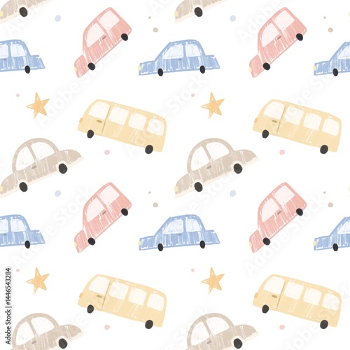 colorful crayon chalk texture cars and stars drawing pattern. hand drawn seamless pattern of cute cars for wallpaper, nursery decoration, fabric, textile, and print.