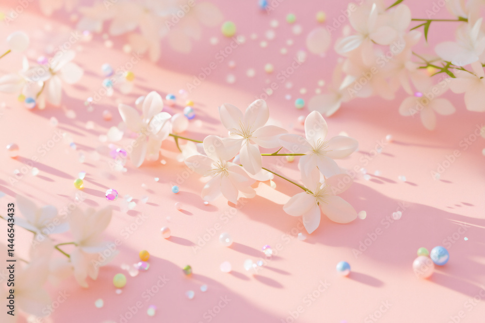 Fototapeta premium Elegant white blossoms on a soft pink surface with scattered iridescent beads and confetti creating a dreamy scene.