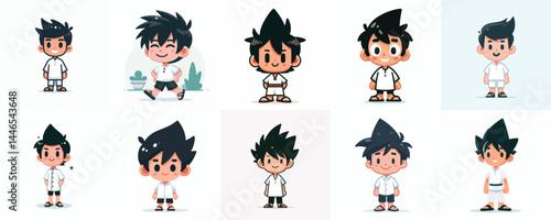 Cute Cartoon Boy with Spiky Hair Vector Set