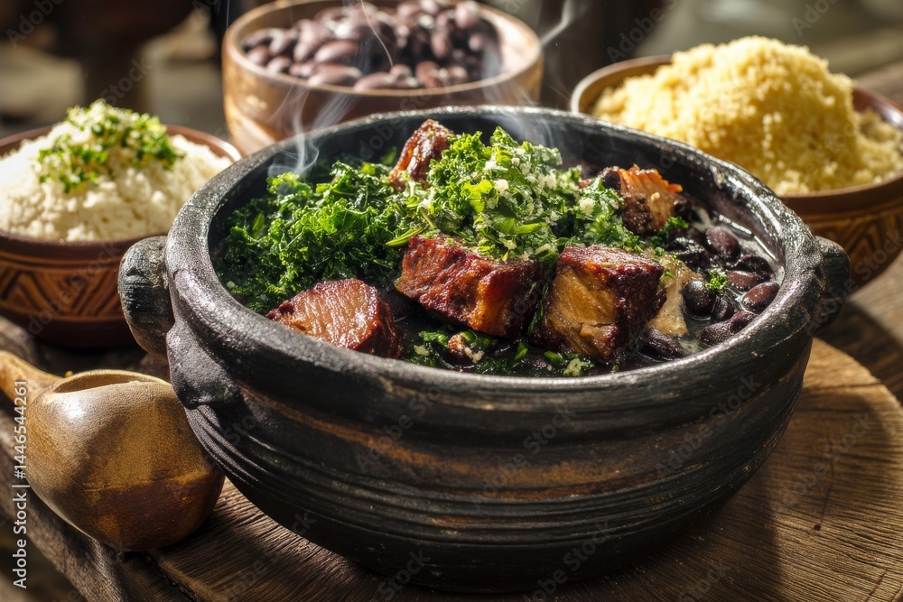 A steaming bowl of feijoada, a popular Brazilian stew, with sides, ready to be served. A steaming bowl of feijoada, a popular Brazilian stew, with sides, ready to be served.