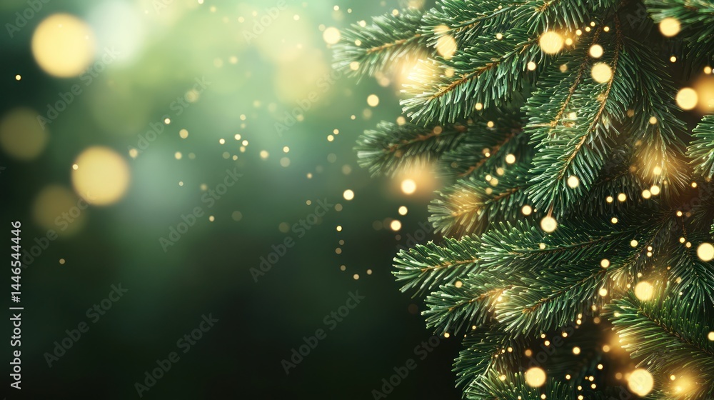 Evergreen boughs adorned with warm, glowing lights, softly falling snow, and a bokeh background Evergreen boughs adorned with warm, glowing lights, softly falling snow, and a bokeh background