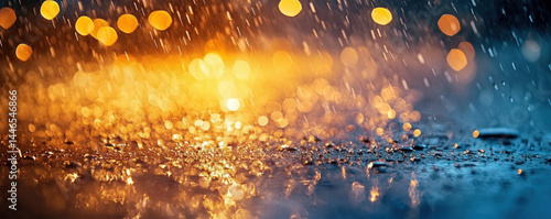 A blurry image of raindrops on a road. The image has a moody and melancholic feel to it, as the raindrops seem to be falling in a hazy and blurry manner