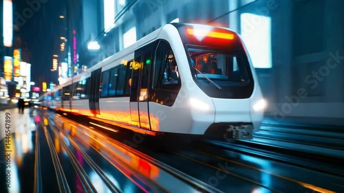 Modern Train in City at Night with Neon Lights and Urban Vibe