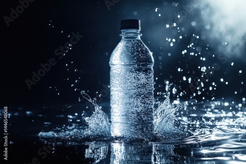 Clear plastic water bottle amidst dynamic water splashes.