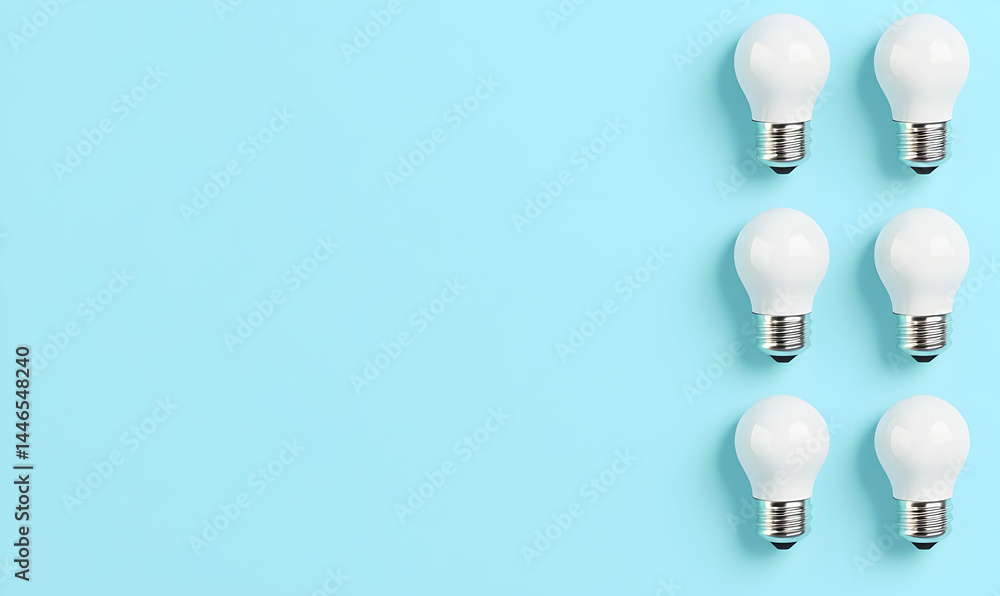 Six lightbulbs neatly arranged on a bright, pastel blue background with empty space Six lightbulbs neatly arranged on a bright, pastel blue background with empty space