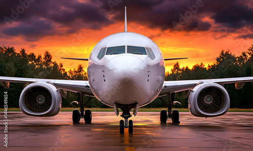 Airplane front view against sunset. Dark trees silhouette in background. Wet tarmac reflecting light