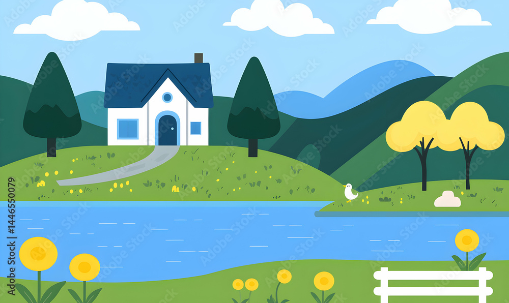 Quaint home by the water. Rolling hills, blue sky, and lush greenery complete the peaceful, idyllic scene Quaint home by the water. Rolling hills, blue sky, and lush greenery complete the peaceful, idyllic scene