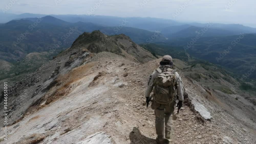Backpacker treks on rocky mountain ridge, overlooking valleys and distant peaks under a cloudy sky, capturing outdoor adventure and scenic vistas. Backpacker treks on rocky mountain ridge, overlooking valleys and distant peaks under a cloudy sky, capturing outdoor adventure and scenic vistas.