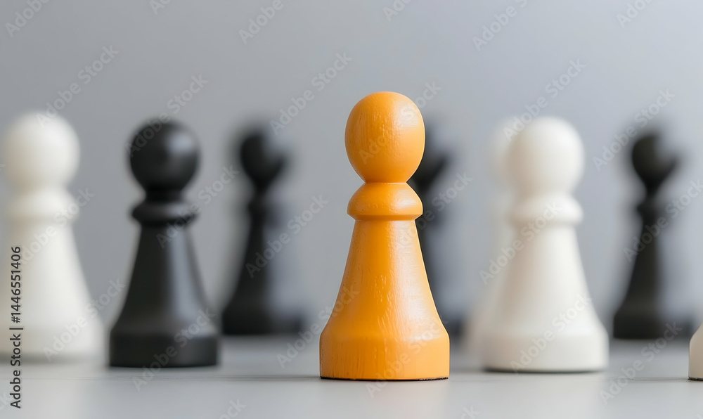 Orange pawn stands out in a group of black and white pawns on a gray surface Orange pawn stands out in a group of black and white pawns on a gray surface
