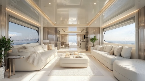 Luxurious yacht interior featuring modern design  spacious layout  and ocean views through large windows