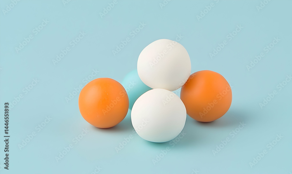 Stacked spheres two white, two orange, and one blue colored balls, on a light blue background Stacked spheres two white, two orange, and one blue colored balls, on a light blue background