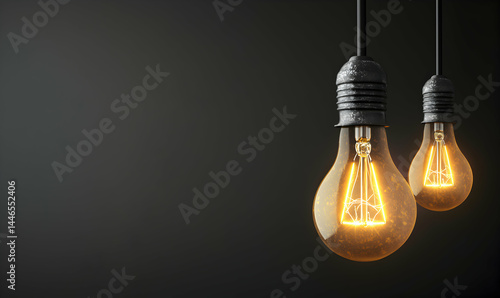 Two glowing lightbulbs illuminate a dark background with visible filaments