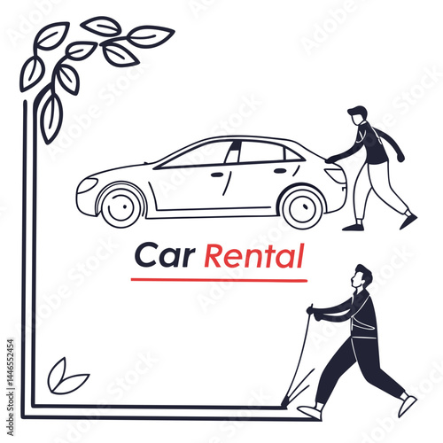 Car Rental Service Illustration With Nature Border And Stylish Black Silhouettes