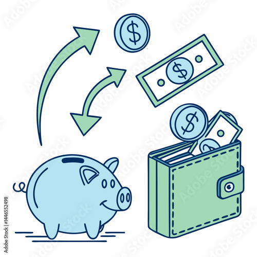 Cute Financial Illustration Piggy Bank Wallet Money Cartoon Icon Set