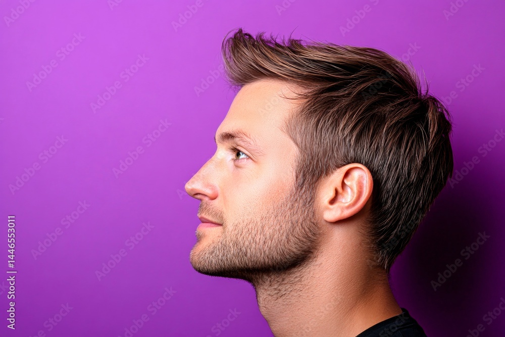 Obraz premium Creative of style for aging men. A soft and natural man with a glowing expression. Purple solid background. Chic men's mid fade haircut - midlife white man with hair.