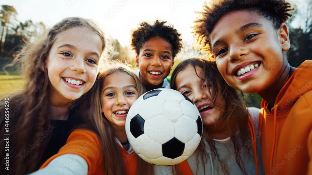 group of kids with a soccer ball in a park, selfie photo group of friends