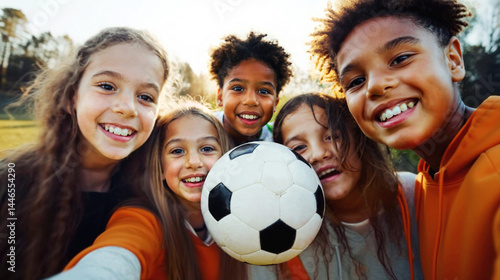 Obraz na płótnie group of kids with a soccer ball in a park, selfie photo group of friends w salonie