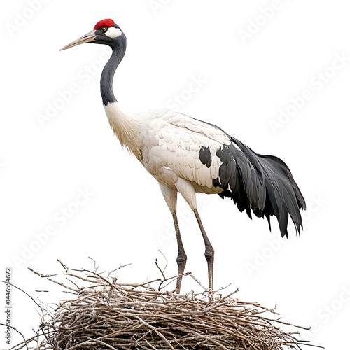 Majestic bird stands gracefully on its nest, showcasing its elegant features and striking colors