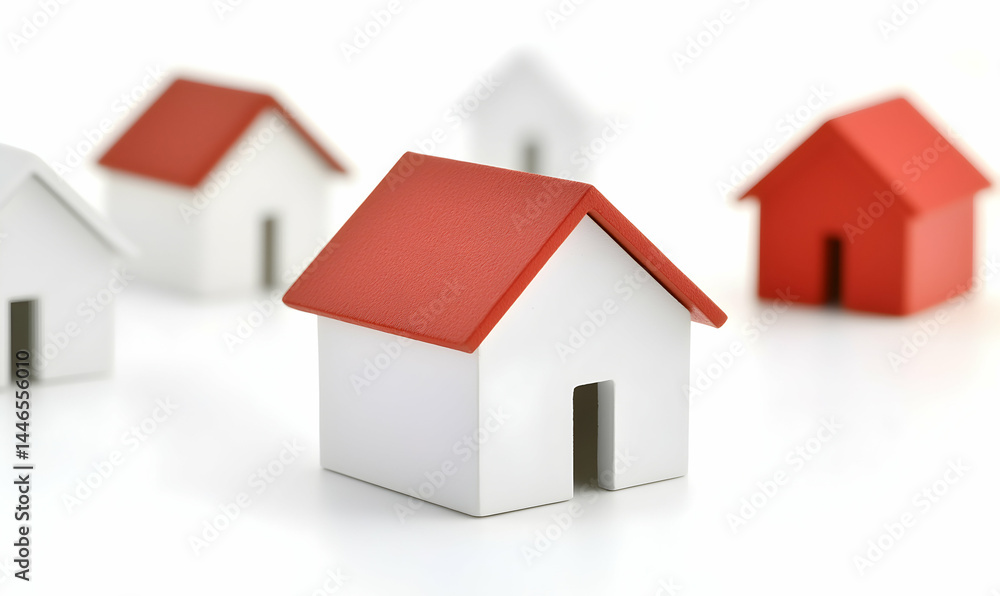 Miniature houses, white bodies, red roofs, arranged on a white surface. Focus on one in the foreground Miniature houses, white bodies, red roofs, arranged on a white surface. Focus on one in the foreground