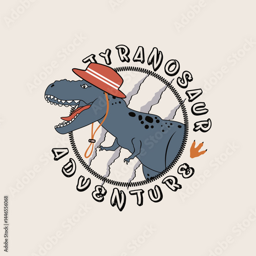 Cartoon Tyrannosaurus Rex wearing a red and white striped hat with the words 