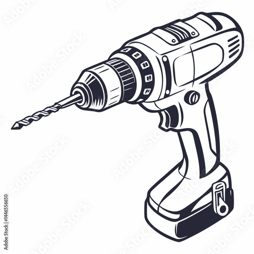 Cordless Drill With Bit Monochrome Detailed Vector Illustration Tool Symbol