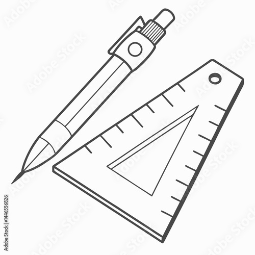 Engineering Pencil And Set Square Contour Line Art Illustration Concept