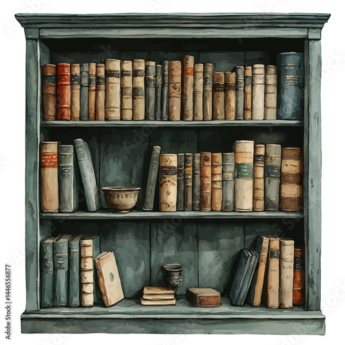 Stylish Bookshelf Filled With Hardcover Books, vector watercolor illustration, isolated on a white background.