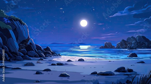 Nighttime seascape with a luminous moon.