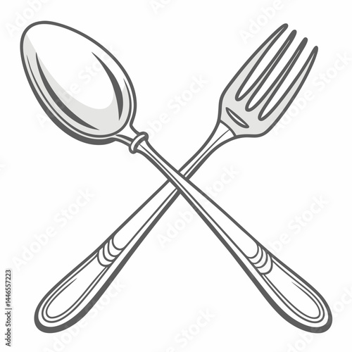 Spoon And Fork Crossed Silver Cutlery Design On A White Background