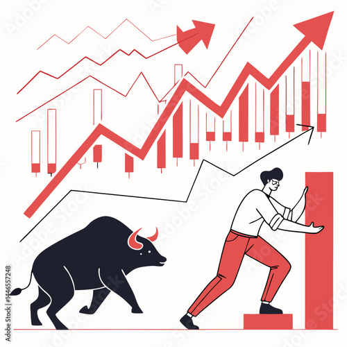 Financial Growth Man Pushing Bar Graph With Bull Market Vector Illustration